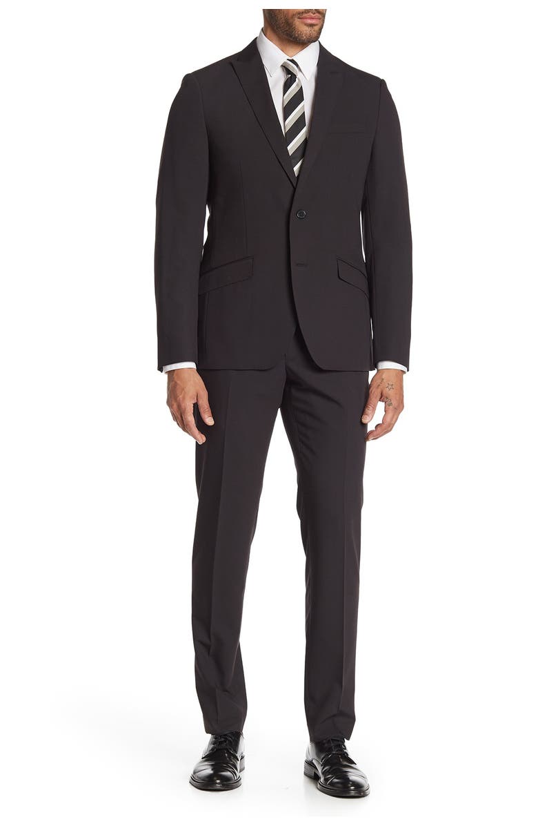 SAVILE ROW CO Brixton Black Solid Two Button Peak Lapel Skinny Fit Suit, Main, color, Black