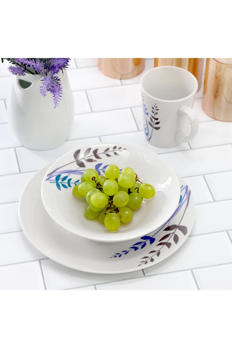 Blue Leaves 12 Piece Round Fine Ceramic Decorated Dinnerware Set, Alternate, color, White
