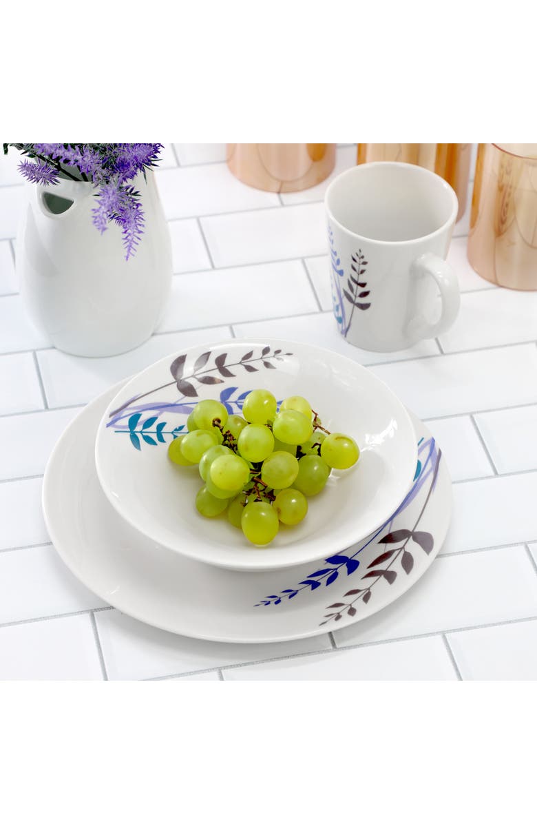 Gibson Home Blue Leaves 12 Piece Round Fine Ceramic Decorated Dinnerware Set, Alternate, color, White