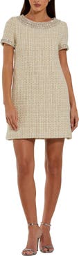 Mac Duggal Women's Short Sleeve Boucle Mini Dress With Beading Detail