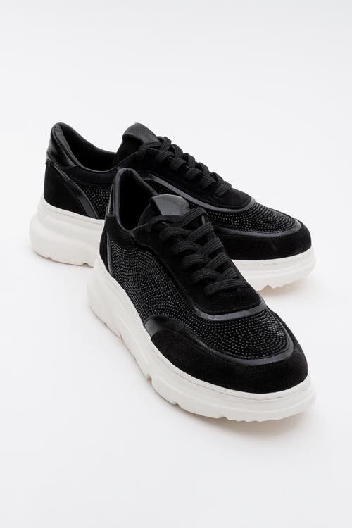 Forever & Always Shoes Polly Rhinestone Suede Leather Platform Sneakers In Black Suede Leather