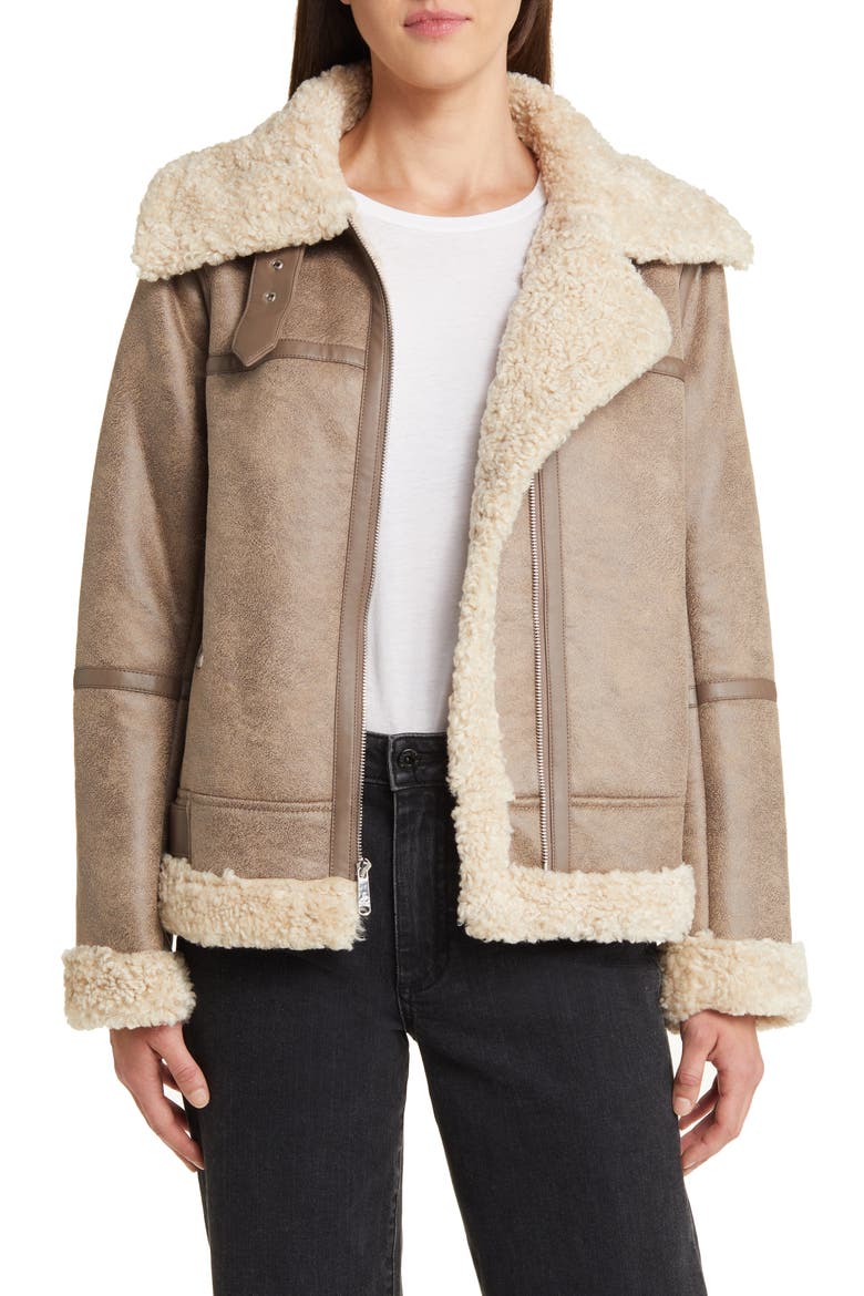 Faux Shearling Aviator Jacket, Alternate, color, LIGHT KHAKI