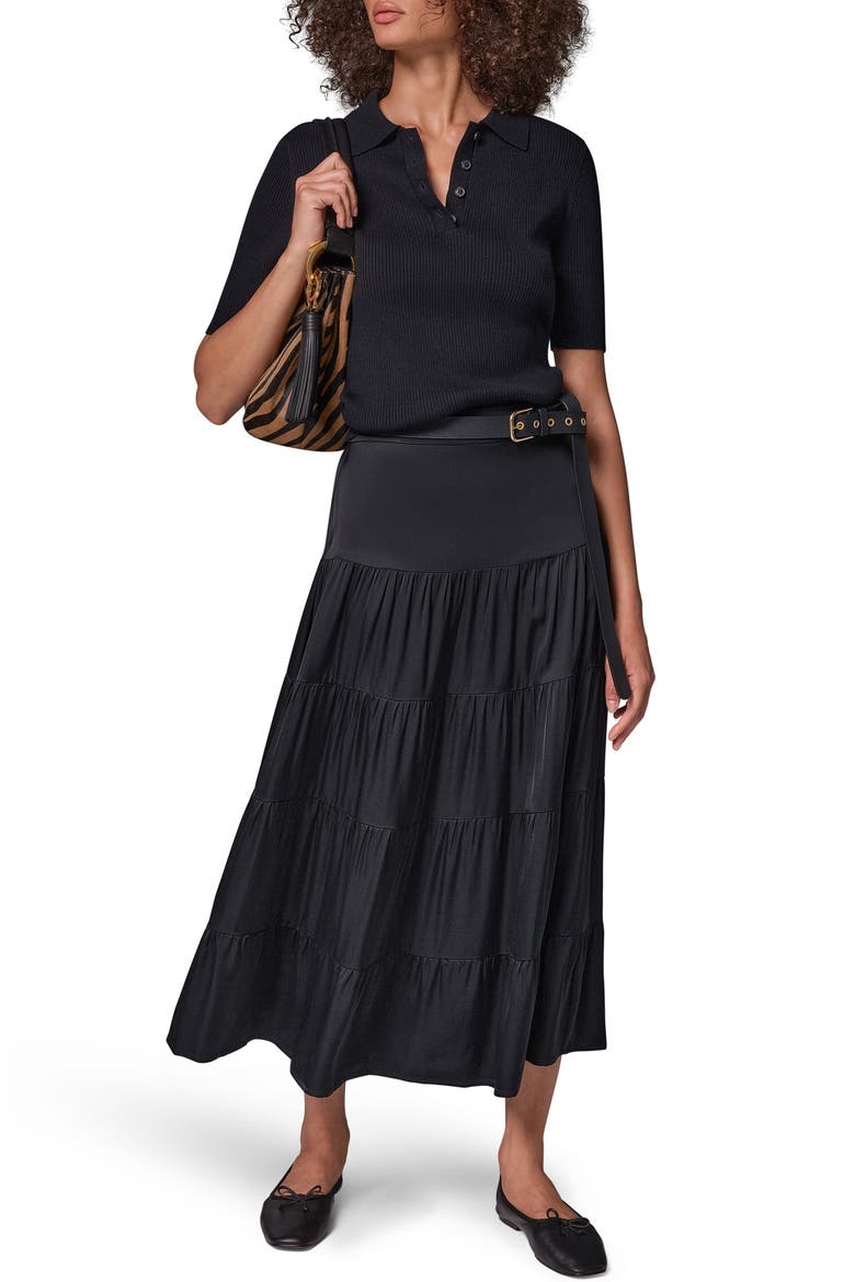 Satin Tiered Midi Skirt, Alternate, color, BLACK