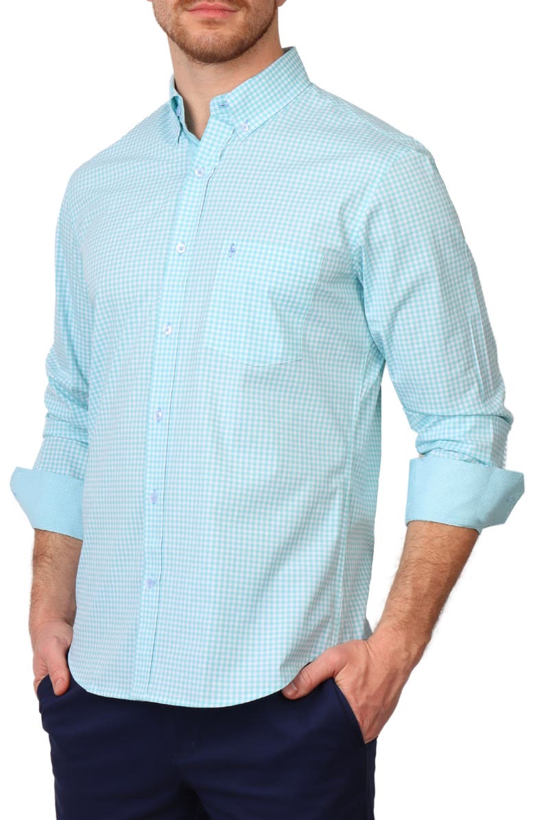 TailorByrd Gingham Stretch Cotton Button-Up Shirt, Alternate, color, Seafoam