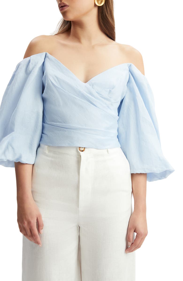 Bardot Eva Off the Shoulder Puff Sleeve Linen Crop Top, Alternate, color, 