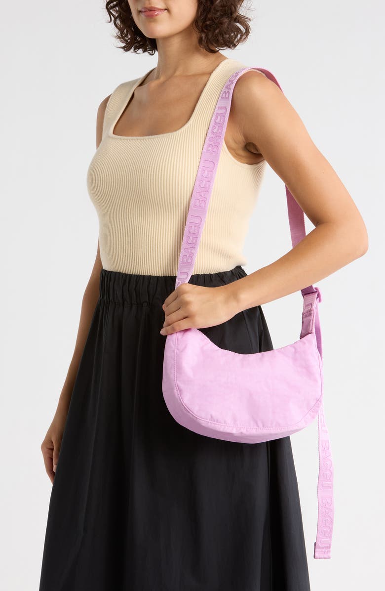 Baggu Small Recycled Nylon Crescent Bag, Alternate, color, Peony