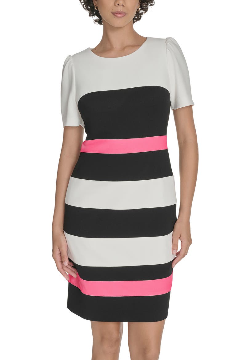 Short Sleeve Colorblock Sheath Dress, Alternate, color, IVO/BLK/PEONY