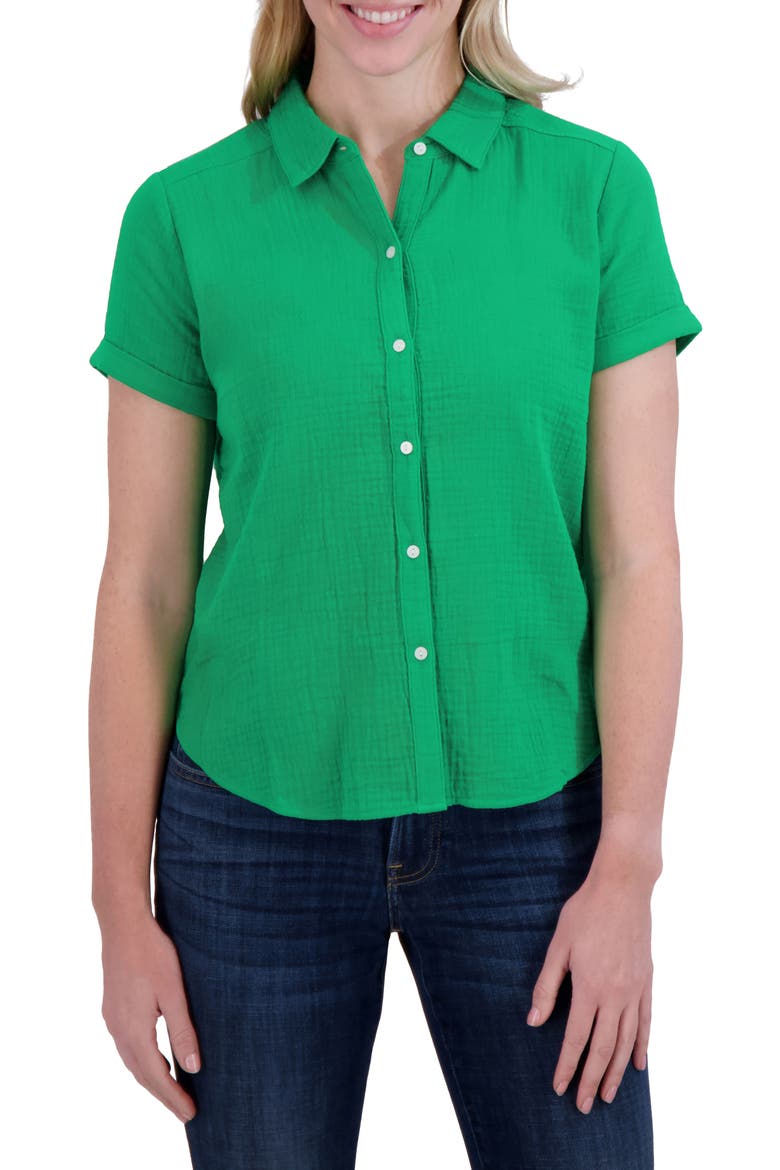 Short Sleeve Cotton Gauze Button-Up Shirt, Main, color, JELLY BEAN