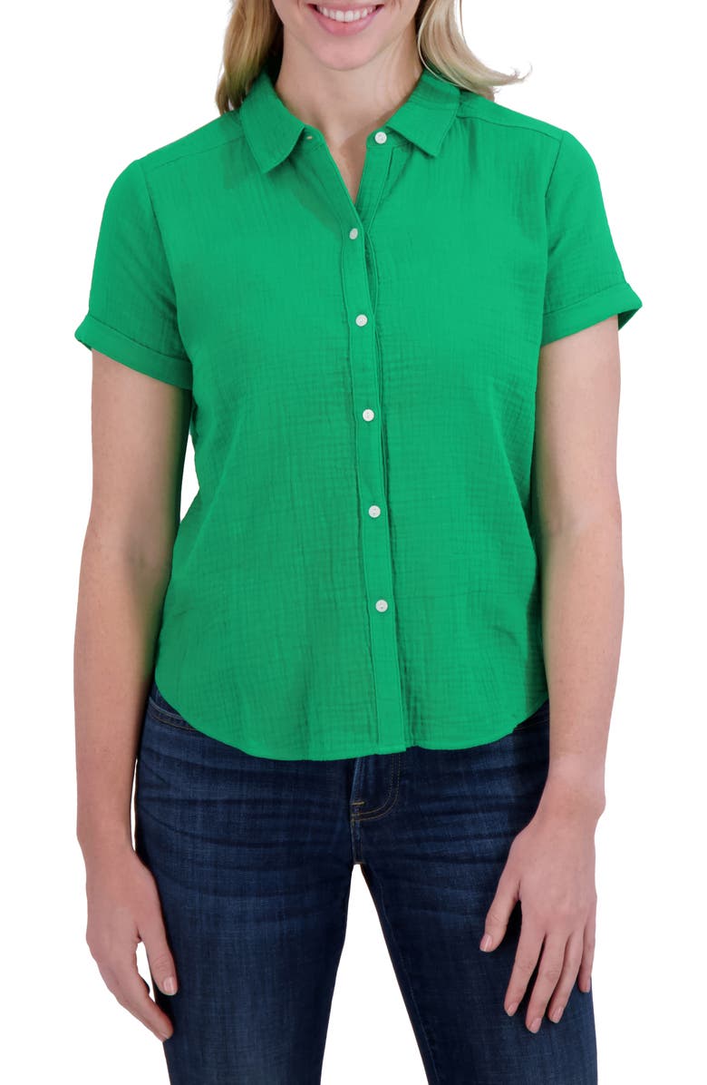 Lucky Brand Short Sleeve Cotton Gauze Button-Up Shirt, Main, color, Jelly Bean