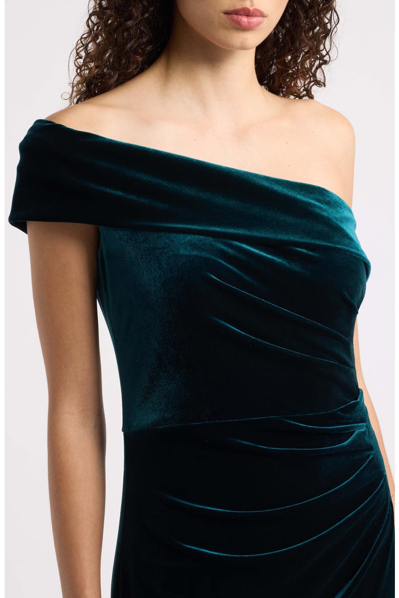 Ruched One-Shoulder Velvet Gown, Alternate, color, HUNTER