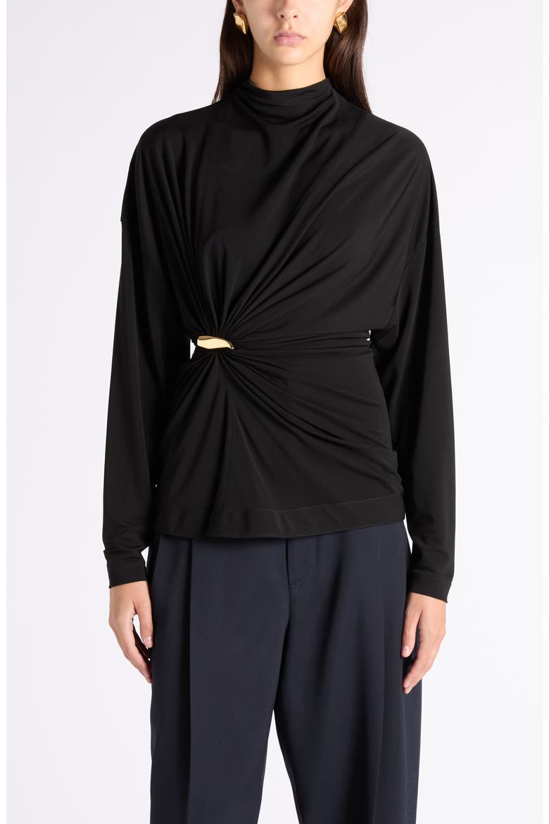 Cinch Waist Funnel Neck Top, Main, color, 1000 BLACK