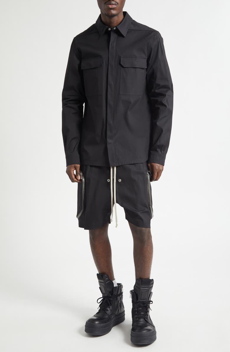 Rick Owens Webbed Strap Stretch Cotton Overshirt, Alternate, color, Black