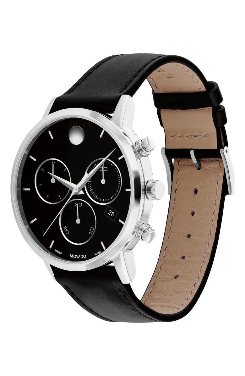 Movado Museum Classic Leather Strap Watch, Alternate, color, Black Dial