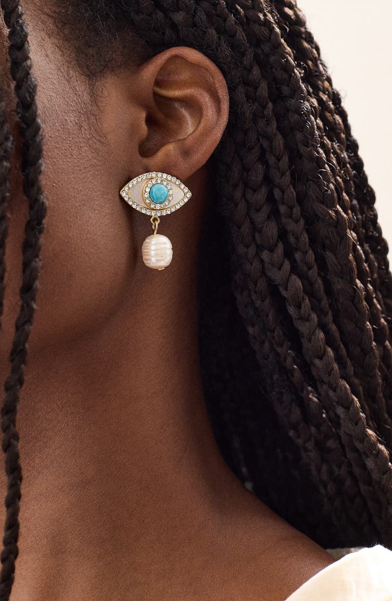 BaubleBar Evil Eye Freshwater Pearl Drop Earrings, Alternate, color, Turquoise