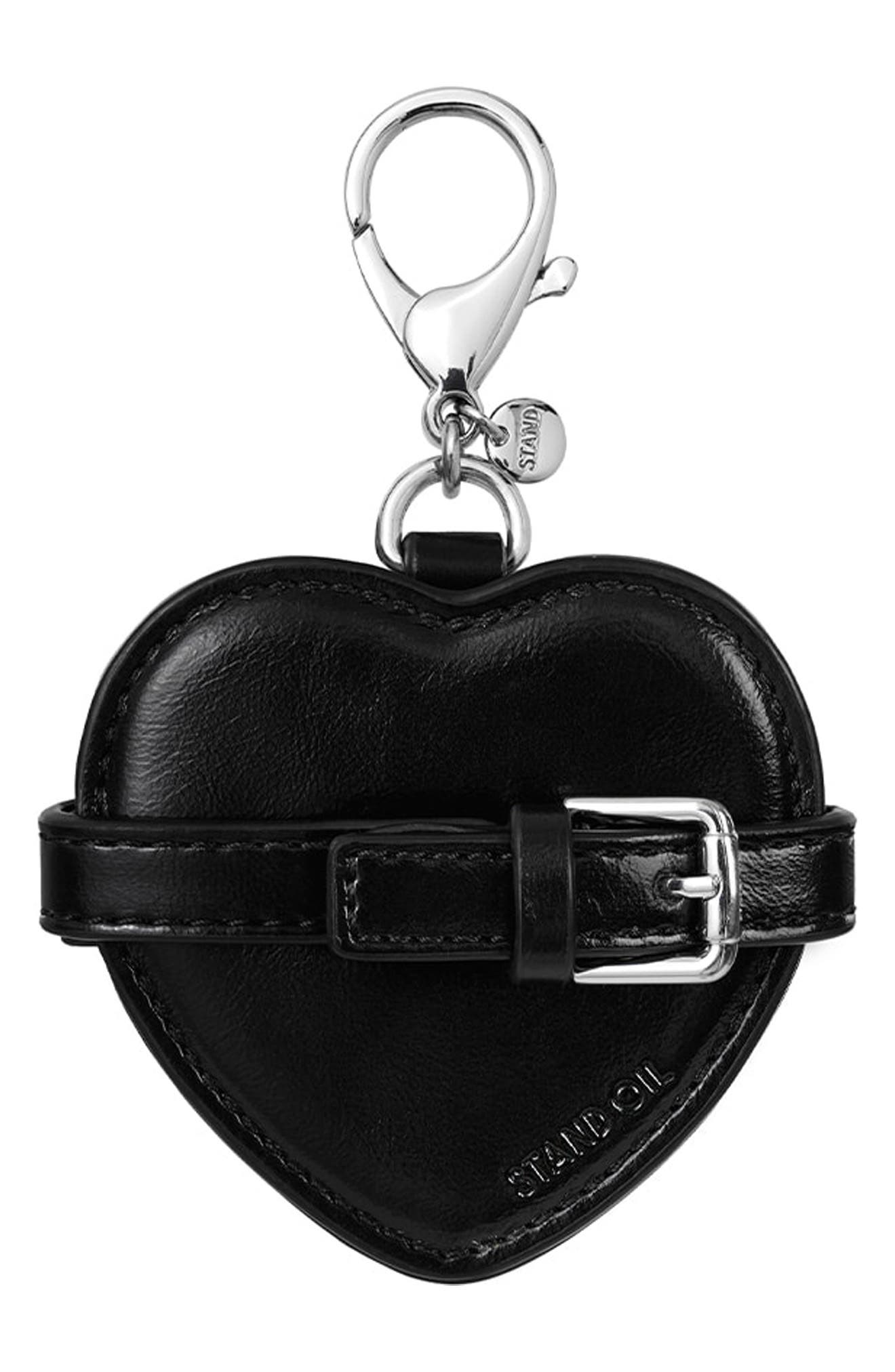 Stand Oil Belted Heart Mirror Faux Leather Key Ring Bag Charm, Alternate, color, Black