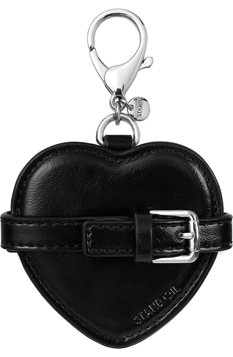 Stand Oil Belted Heart Mirror Faux Leather Key Ring Bag Charm, Alternate, color, Black