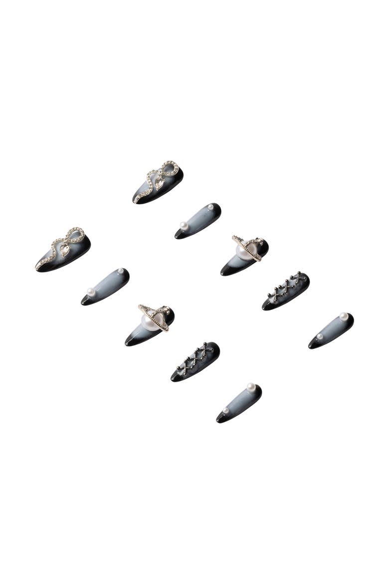 Sapphire Cascade Luxury Handmade Press on Nails, Alternate, color, Black/Cool Grey