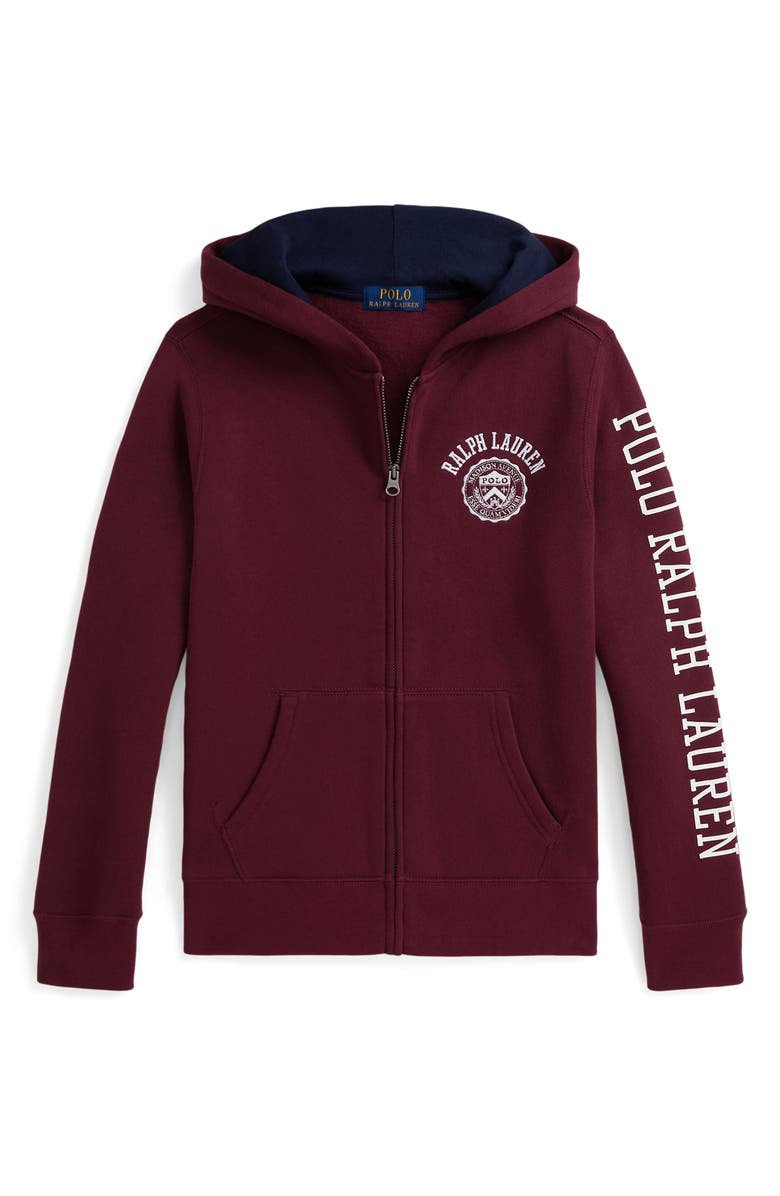 Polo Ralph Lauren Kids' Logo French Terry Graphic Zip Hoodie, Main, color, Classic Wine/ Refined Navy
