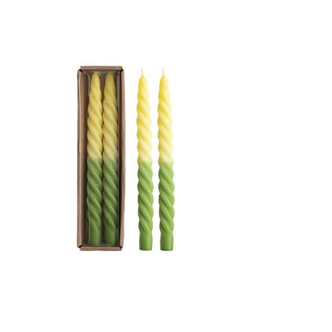 2-Piece Unscented Twisted Taper Candles, Yellow Ombre and Green Color, Set of 2