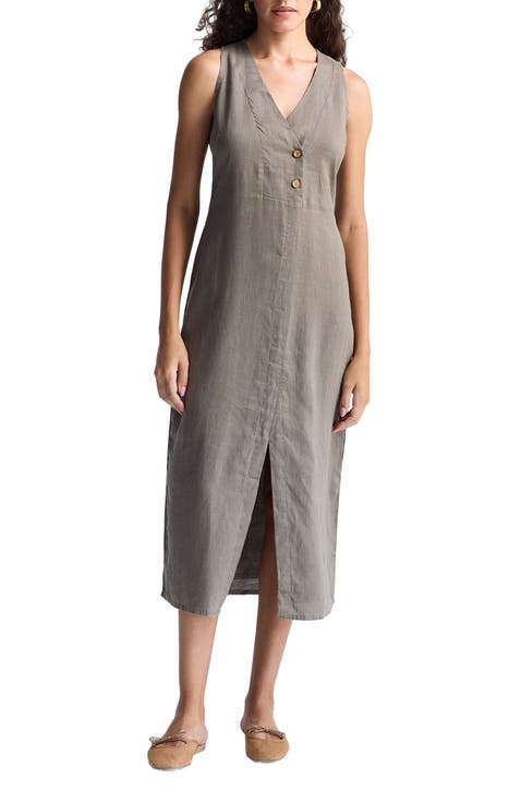 Straight Dress with Front Slit in Neutral Beige Hemp
