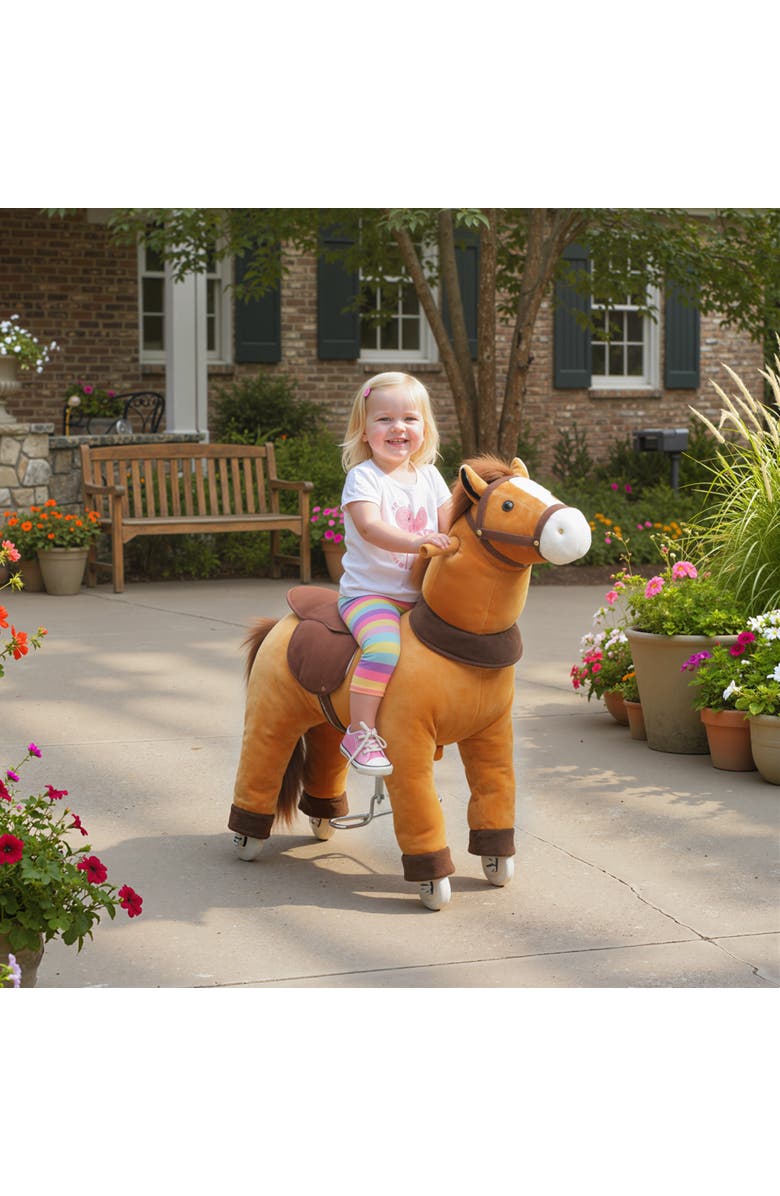 Qaba Ride on Horse for Kids Plush Riding Pony Walking Horse Animal with Rolling Wheels for Active Play, Alternate, color, Brown