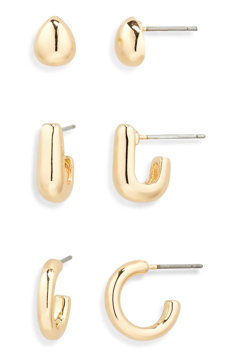 Set of Three Stud & Hoop Earrings, Main, color, GOLD