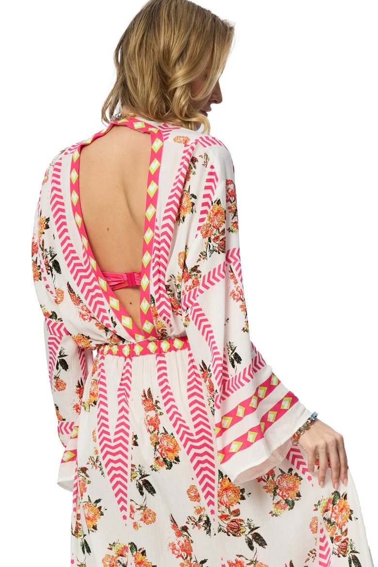Floral Print Plunge Neck Cover-Up Kaftan, Alternate, color, WHITE COMBO