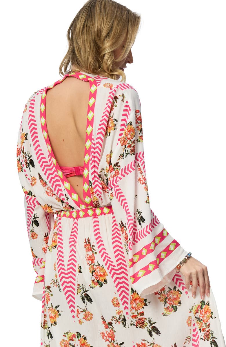 SAACHI Floral Print Plunge Neck Cover-Up Kaftan, Alternate, color, White Combo