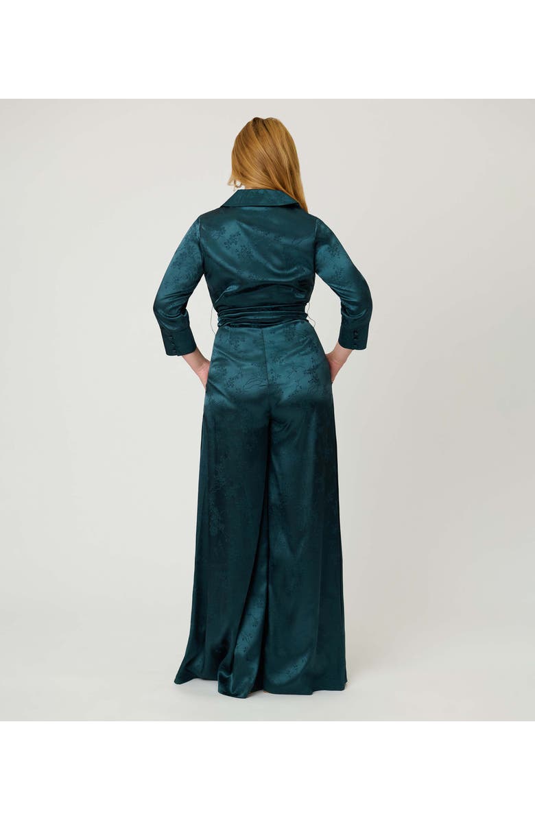 Unique Vintage 1970s Satin Flare Jumpsuit, Alternate, color, Teal Jacquard