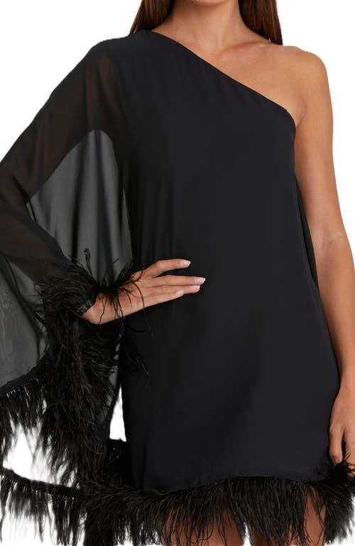 Shop Mac Duggal One Shoulder Trapeze Dress With Feather Trim In Black