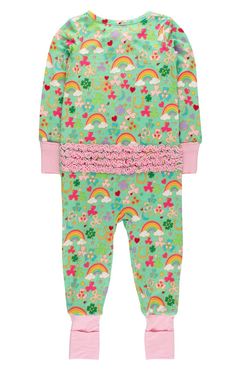 RuffleButts Lucky Day Print Ruffle Convertible Romper, Alternate, color, Green