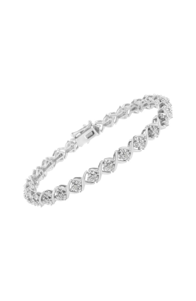 Haus of Brilliance Silver Round-Cut Diamond Accent Floral Cluster and "X" Link Bracelet, Alternate, color, White