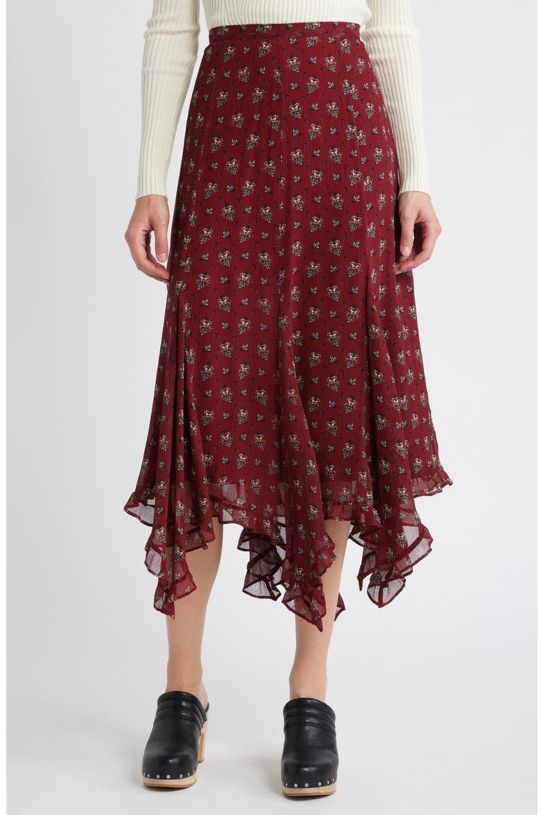 Rotelle Floral Handkerchief Hem Silk Chiffon Skirt, Main, color, OXBLOOD MULTI