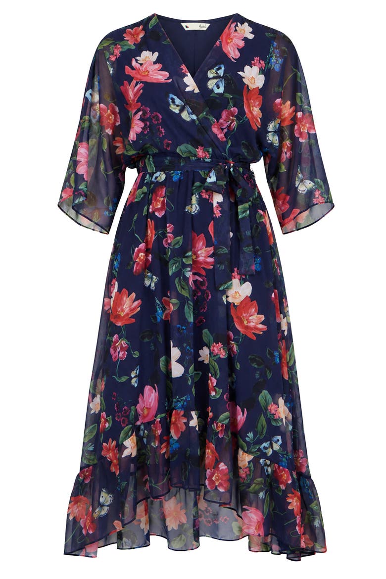 Floral Dip Hem Wrap Midi Dress, Alternate, color, Navy