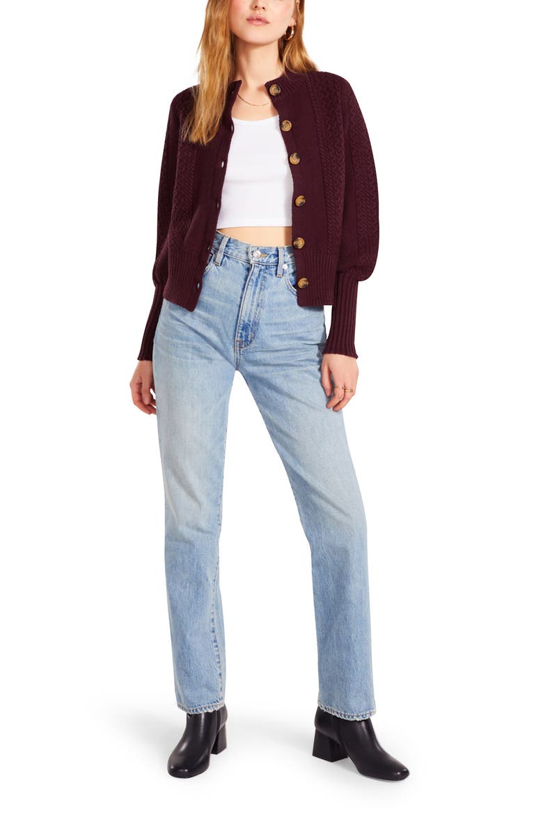 Story Time Puff Sleeve Cable Knit Cardigan, Alternate, color, PORT