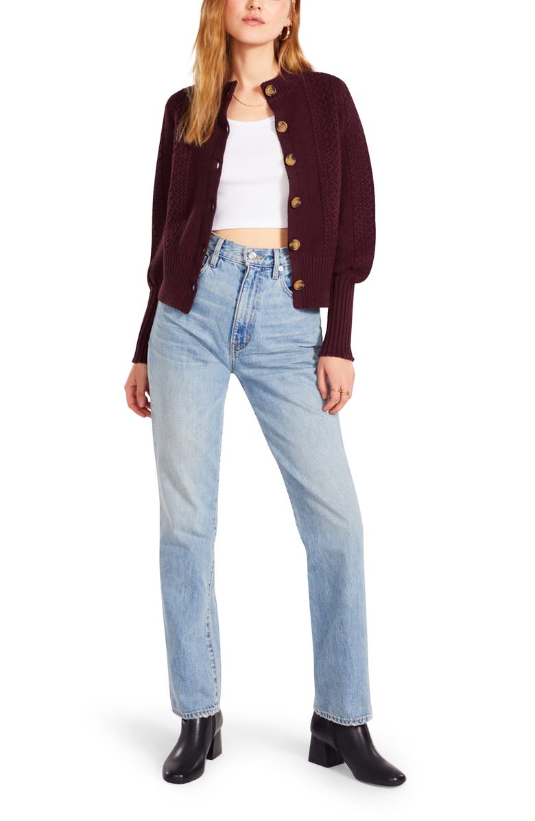 BB Dakota by Steve Madden Story Time Puff Sleeve Cable Knit Cardigan, Alternate, color, 