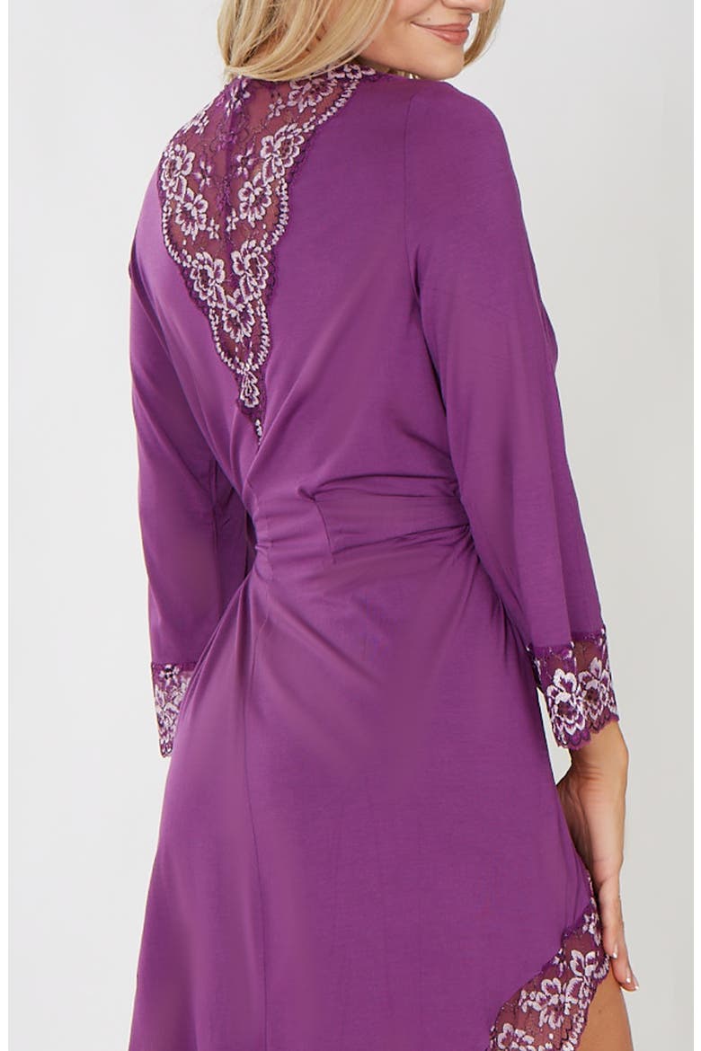 Premium Modal High-Low Robe with Scalloped Lace, Alternate, color, Plum