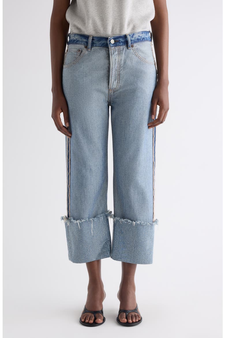 Rhinestone Cuff Ankle Jeans, Main, color, MID BLUE