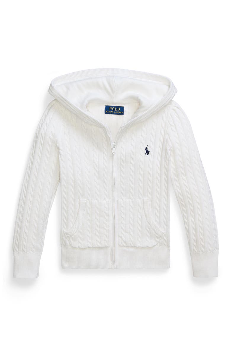 Kids' Cable Knit Cotton Zip Hoodie, Main, color, WHITE