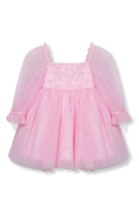 Bow Accent Long Sleeve Tulle Babydoll Dress (Baby)