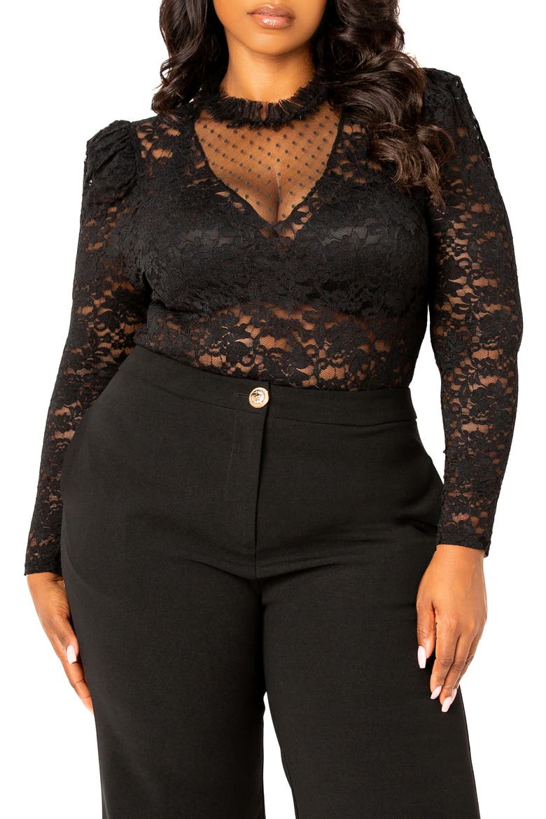 Sheer Stretch Lace Long Sleeve Bodysuit, Main, color, BLACK