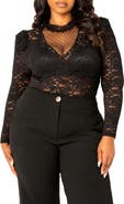 BUXOM COUTURE Sheer Stretch Lace Long Sleeve Bodysuit