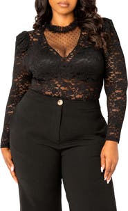 BUXOM COUTURE Sheer Stretch Lace Long Sleeve Bodysuit