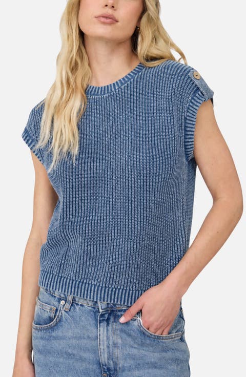 Acid Wash Button Embellished Rib Sweater