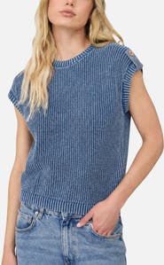 J.O.A. Acid Wash Button Embellished Rib Sweater