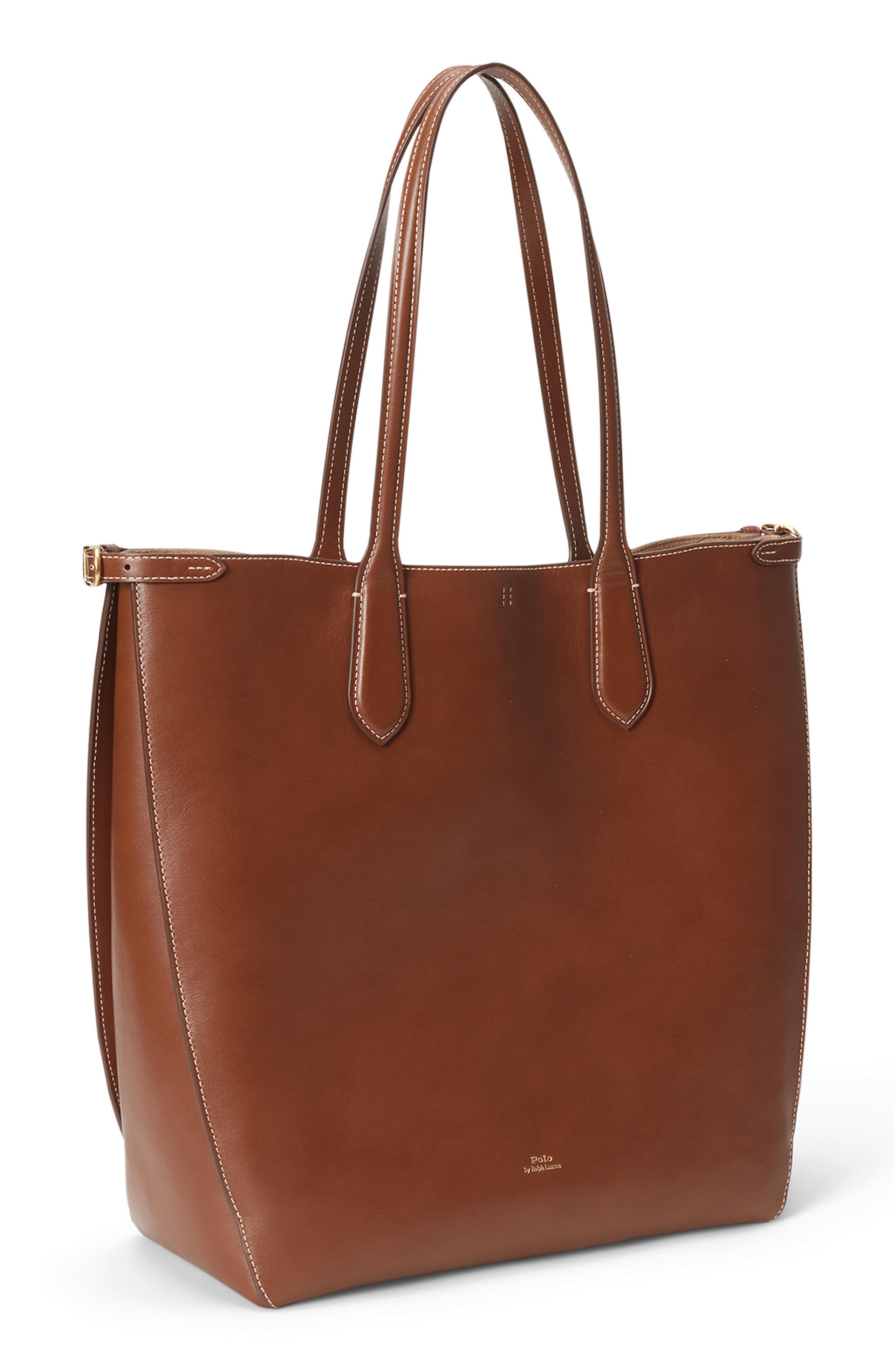Polo Ralph Lauren Calfskin Leather Tote Bag, Alternate, color, Brown