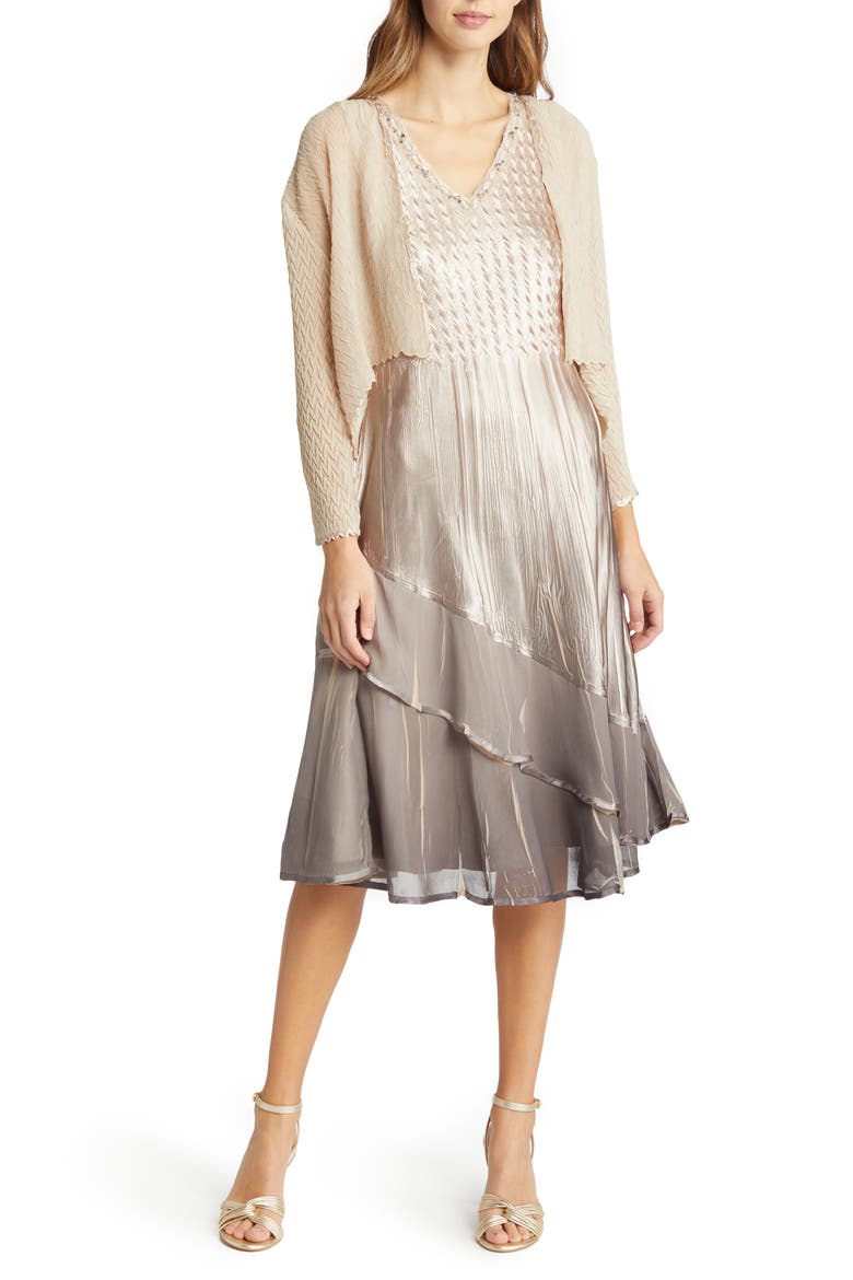 Tiered Beaded Ombré Midi Dress with Jacket, Main, color, BEACH CAFE OMBRE