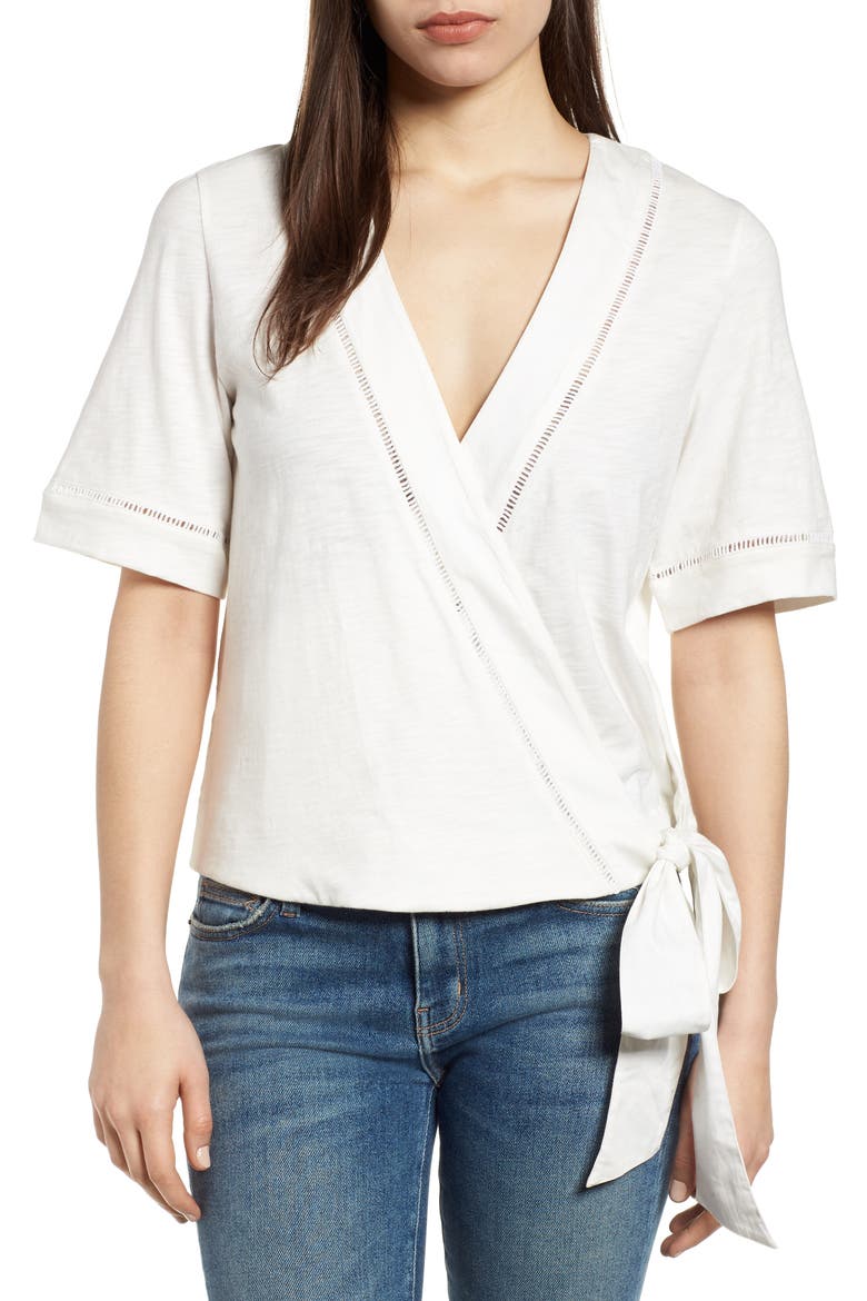 Tie Front Wrap Top, Main, color, WHITE