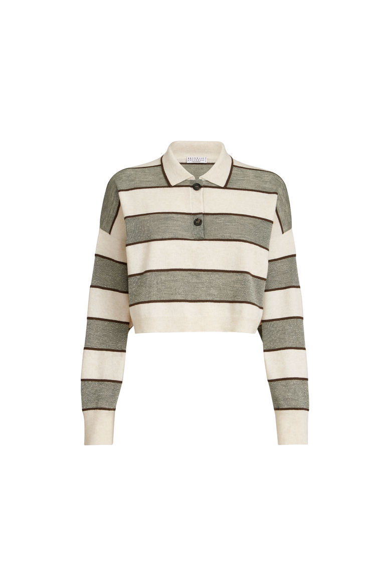 Cropped knit polo with sparkling stripes, Alternate, color, Sage