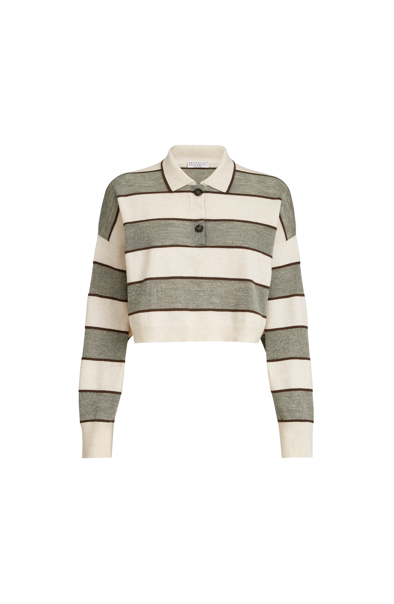 Brunello Cucinelli Cropped knit polo with sparkling stripes, Alternate, color, Sage